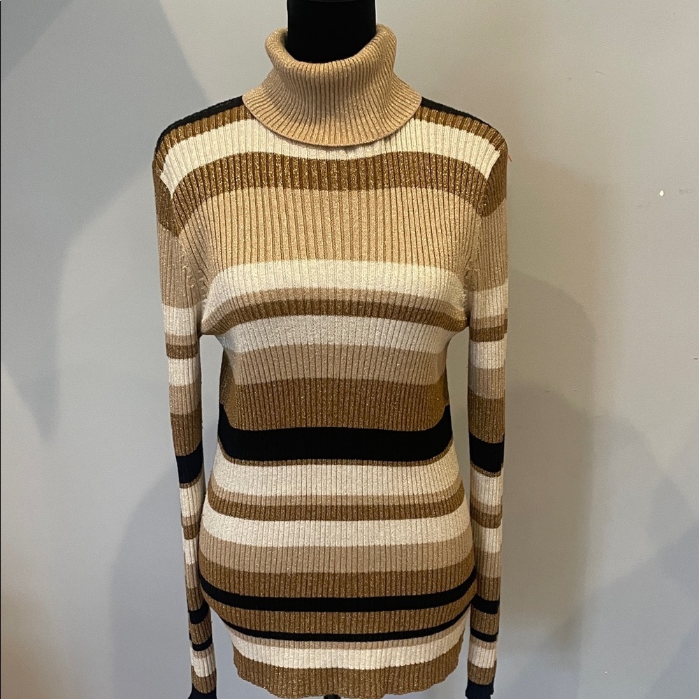 Striped Turtleneck Sweater - Brown, Black, Cream retro vibes